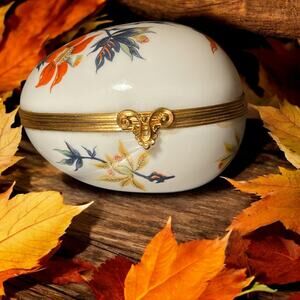 Vtg Authentic Limoges Large Egg Fall Floral Trinket Box, Engagement Box, Pillbox